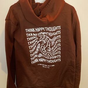 “think happy thoughts” brown hoodie, only worn once. (size: S/M)